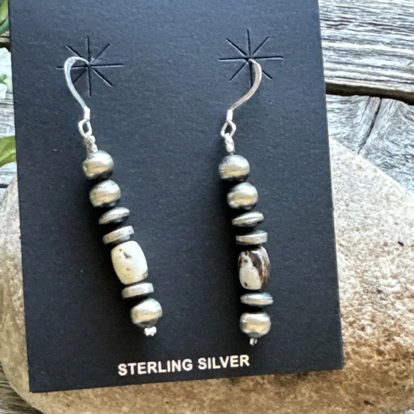 925 Sterling Silver White Buffalo Turquoise 6mm Pearls Bead Earrings 2 Inch